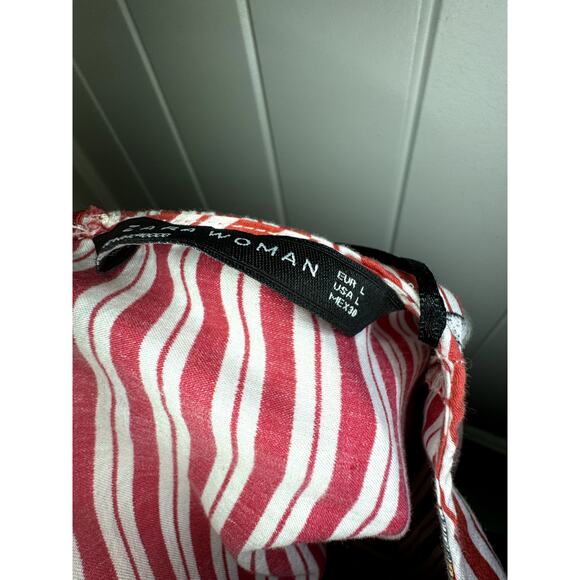 Red Vertical Striped w/Heron Bird Print Bow by Zara Womens Long Sleeve Blouse L - Picture 12 of 13